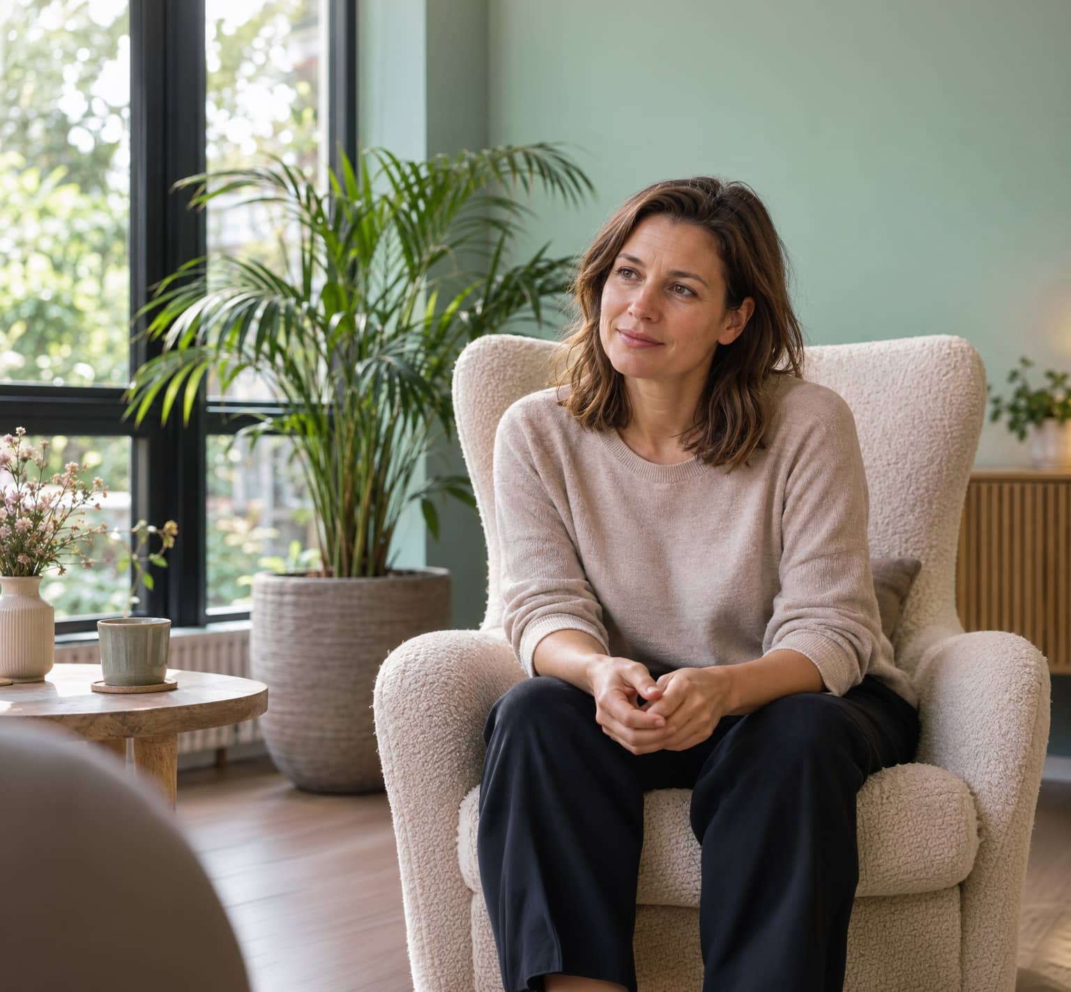 Sarah-Acier dé Alwis-Franke, Psychotherapie & Coaching in Essen mit einer Klientin in ihrer Praxis